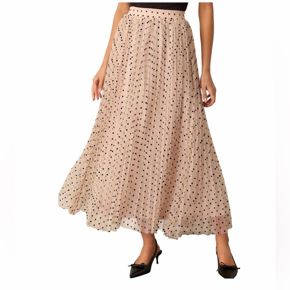 FORE Beige Polka Dot Tulle Midi Skirt Size S Pleated Elastic Waist Lined
